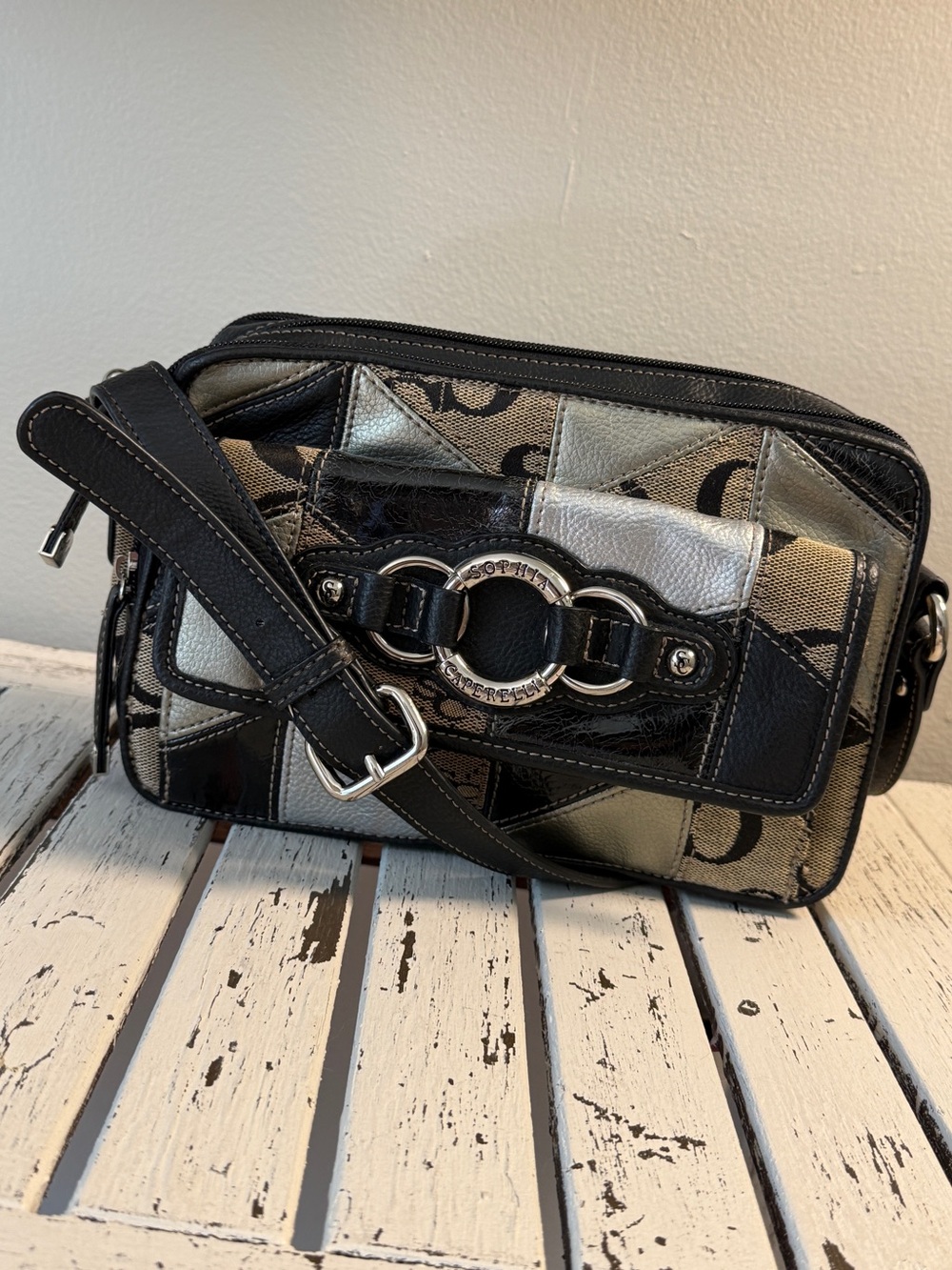 Sophia Caperelli Leather Crossbody Bag Embroidered Logo  Multi-Compartment